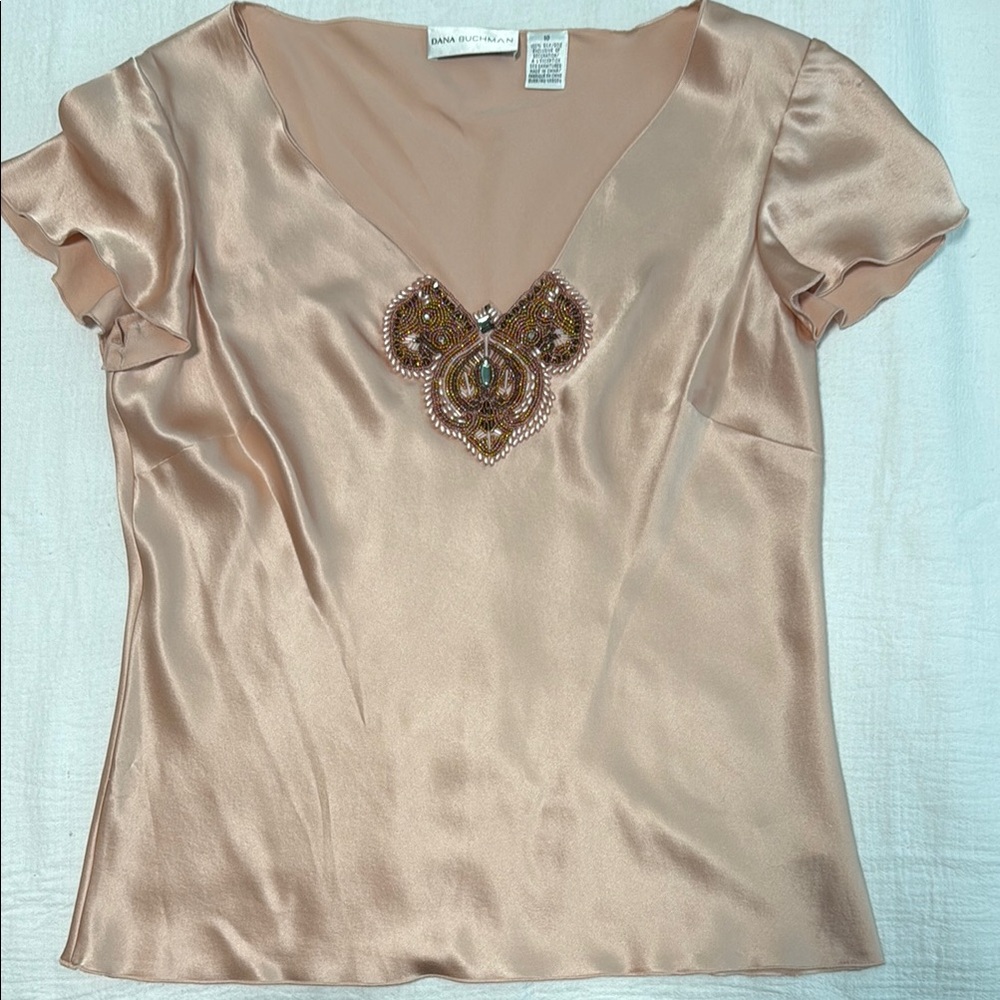 Dana Buchman light pink Blouse with Flutter Sleeves and Embellishments